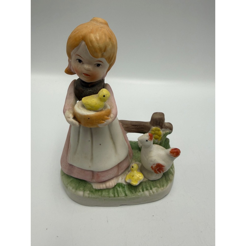 Vintage Ceramic Girl with Chickens Figurine Hand Painted Farmhouse Decor 5.25in